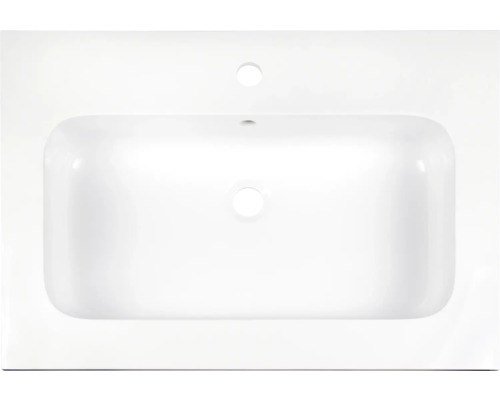 Bovenaanzicht van een rechthoekige inbouwwastafel van keramiek met kraangat en overloop