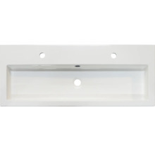 Keramische wastafel met twee kraangaten en een overloop