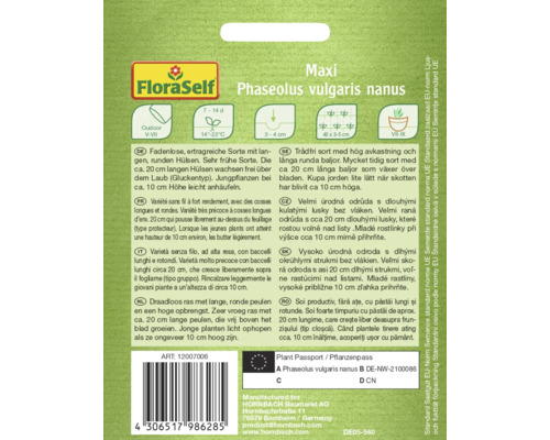 Zaadverpakking voor Phaseolus vulgaris nanus, een vroeg ras met lange, ronde peulen voor buitenteelt.