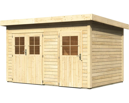 Houten tuinhuis met dubbele deur en enkele deur