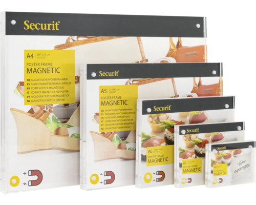 Verschillende magnetische posterframes van het merk Securit in verschillende formaten