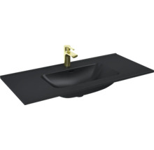 Zwarte wastafel met gouden kraan