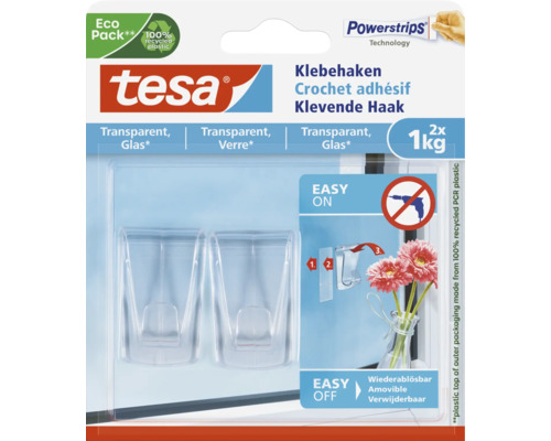 Tesa zelfklevende haak voor glas, 2 stuks, met Powerstrips technologie