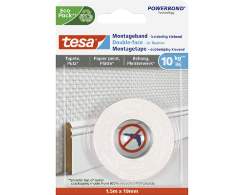 TESA Powerbond montagetape dubbelzijdig klevend voor behang & pleisterwerk wit 1,5 m x 19 mm