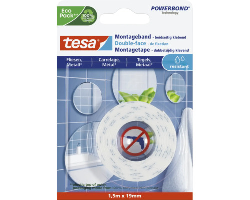 TESA Montageband dubbelzijdig klevend waterproof wit 1,5 m x 19 mm Tesa Powerbond montagetape, dubbelzijdig klevend, rol met boormachine symbool