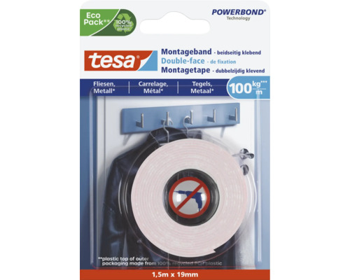 TESA Powerbond montagetape dubbelzijdig klevend voor tegels en metaal wit 1,5 m x 19 mm