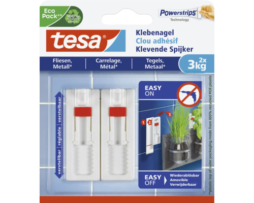 TESA Powerstrips klevende spijker verstelbaar voor tegels & metaal 3 kg 2 stuks Tesa klevende spijkers voor tegels en metaal, draagkracht tot 3 kg, in Eco Pack