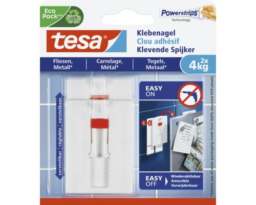 TESA Powerstrips klevende spijker verstelbaar voor tegels & metaal 4 kg 2 stuks Tesa zelfklevende spijker voor tegels en metaal, twee stuks