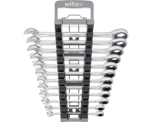 Wiha logo. Set ratelringsleutels in houder.