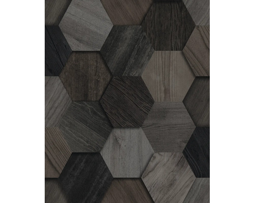 Vliesbehang 124270 Hexagon Wood geometrisch houtoptiek grijs Zeshoekige wandtegels met houtlook voor binnenshuis