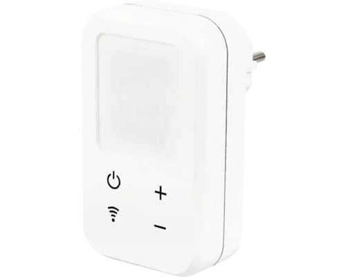 Witte tussenstekker met schakelaar, wifi-symbool en plus-min symbool