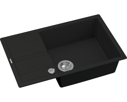 Zwarte gootsteen met afdruiprek en zeefkorfventiel