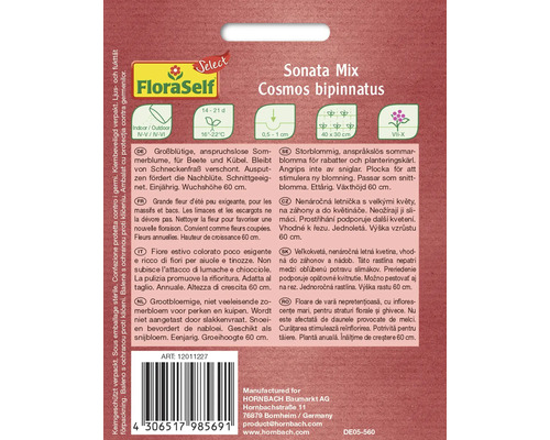 FloraSelf Sonata Mix Cosmos bipinnatus informatie op de verpakking