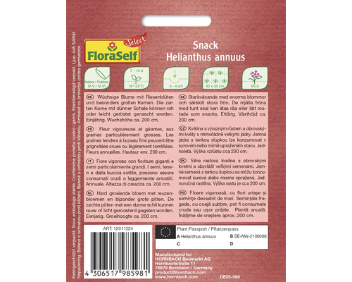 Verpakking van FloraSelf Snack zonnebloemen Helianthus annuus met informatie over teelt en eigenschappen
