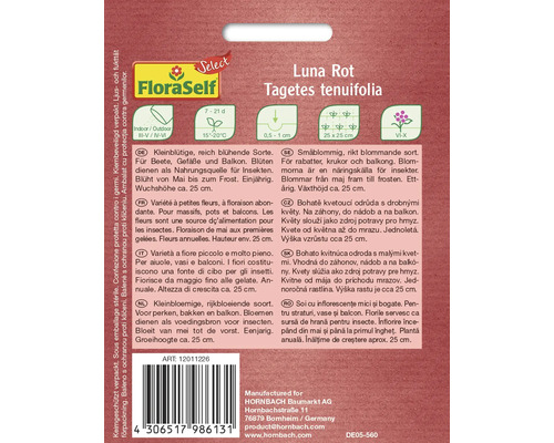 Zaadverpakking Tagetes tenuifolia Luna Rot met informatie over teelt en eigenschappen