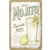 Metalen bord met Mojito-motief, receptdetails en de tekst Hier geserveerd