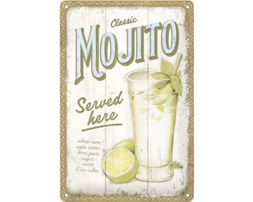 Metalen bord met Mojito-motief, receptdetails en de tekst Hier geserveerd