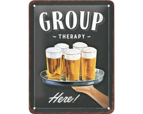 Decoratief metalen bord met de tekst 'Groepstherapie' en een afbeelding van bierglazen op een dienblad