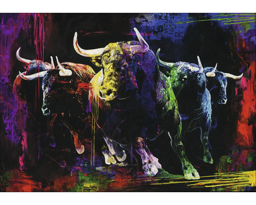 Schilderij met een groep stieren in verschillende kleuren