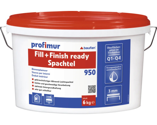 PROFIMUR Fill + Finish Pleister kant-en-klaar 950 6 kg Profimur Fill and Finish kant-en-klare vulmiddel in emmer, 6 kg inhoud, geschikt voor oppervlaktekwaliteiten in droge constructie Q1 tot Q4