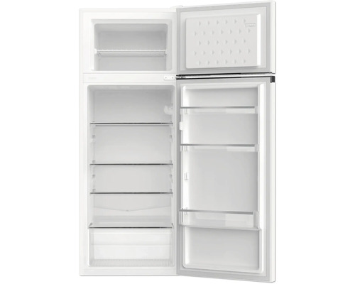 Geopende koelkast met vriesvak en meerdere legplanken.