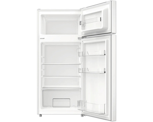 Geopende koelkast met vriesvak bovenaan en meerdere planken