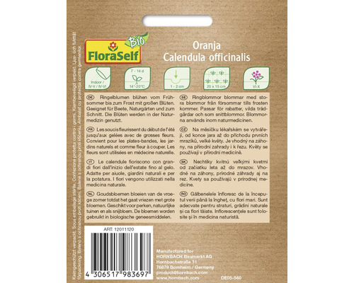 FloraSelf logo. Verpakking goudsbloemen Calendula officinalis Oranja met informatie over teelt en gebruik