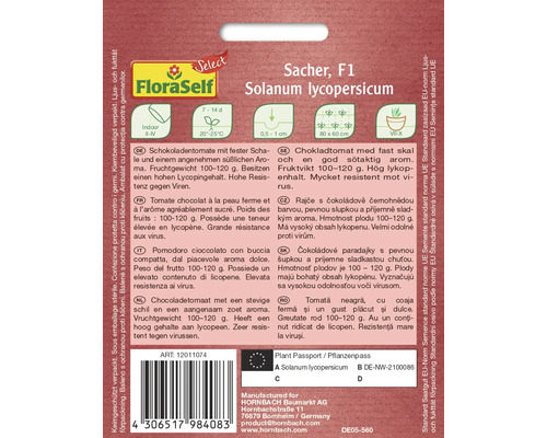 Verpakking van FloraSelf Sacher F1 chocoladetomaten zaden van de soort Solanum lycopersicum