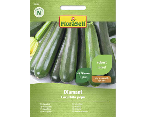 Zucchiniplantenzaden van het ras Diamant in een verpakking van FloraSelf. Zucchiniplantenzaden van het ras Diamant in een verpakking van FloraSelf.