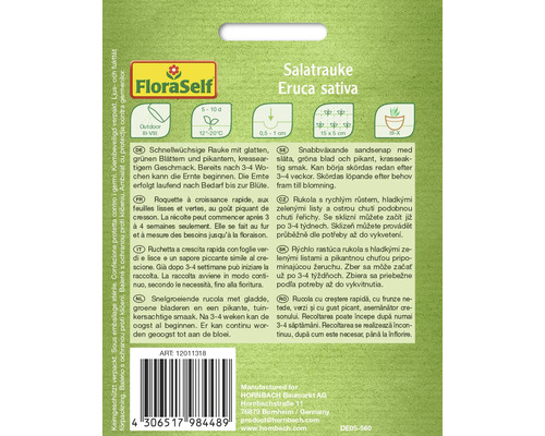 Zadenpakket van salatrauke van het merk FloraSelf met informatie over teelt en oogst