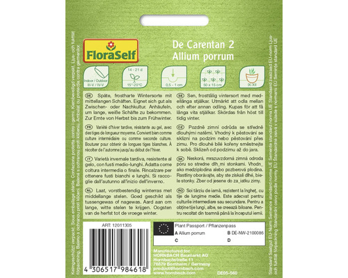 De Carentan 2 Allium porrum zaadpakket van FloraSelf voor late, vorstbestendige winterprei met middellange stelen