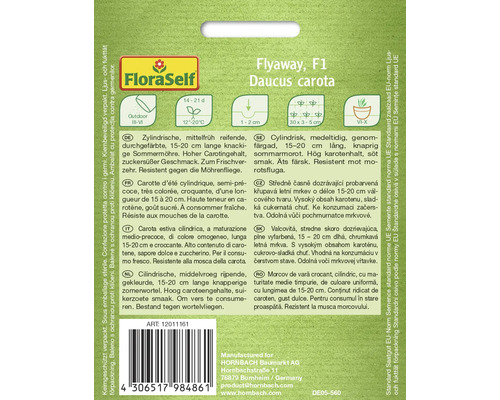 Verpakking met informatie over Flyaway F1 Daucus carota wortelzaad