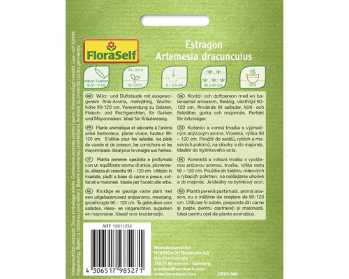 FloraSelf Estragon zaadverpakking met informatie over teelt en gebruik