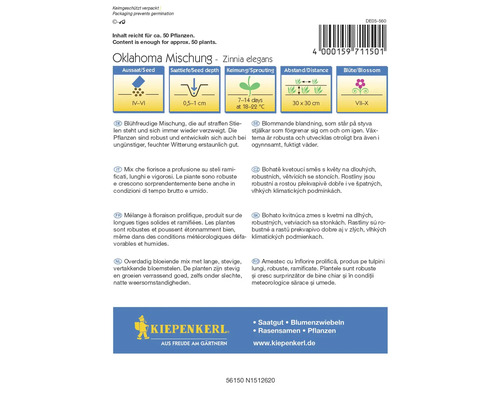 Zaadzak Oklahoma Mengsel Zinnia elegans met informatie over zaaien, zaaidiepte, kieming en afstand