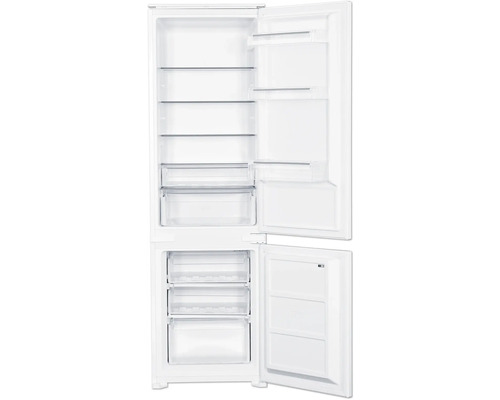 Geopende koel-vriescombinatie met glazen planken en laden