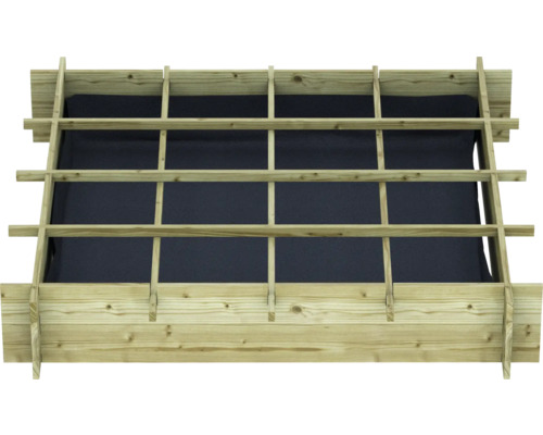 Houten constructie met zwarte folie, bovenaanzicht