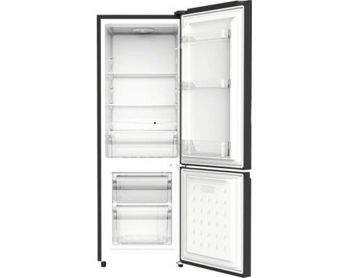 Geopende koelkast met planken en laden