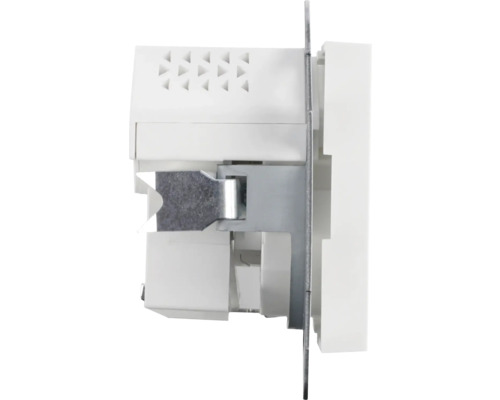 Detailopname van een wit schakelaarinsert met metalen elementen.