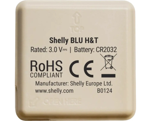 Shelly BLU H&T sensorinformatie, inclusief RoHS- en CE-conformiteitsmarkeringen.