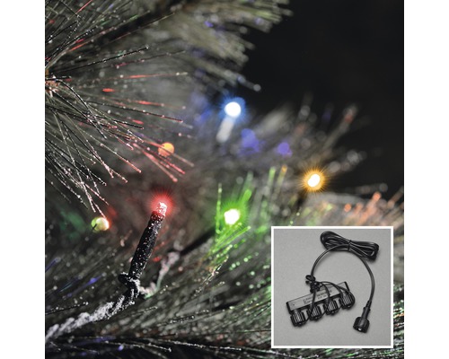 KONSTSMIDE Kerstverlichting LED lichtsnoer micro 100 lampjes gekleurd 9,9 m Detailopname van een lichtsnoer met meerkleurige leds en stroomverdeler