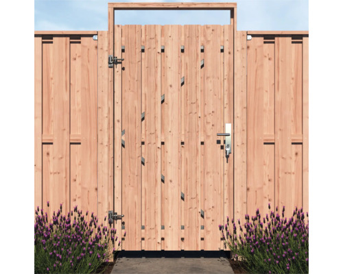 Houten schutting met afsluitbare tuinpoort en zijdelingse schuttingelementen