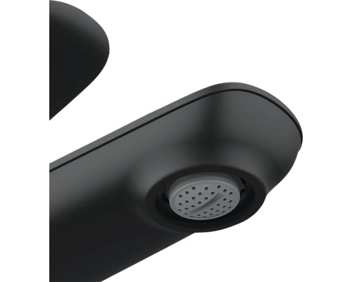 Detailopname van een zwarte kraan met perlator