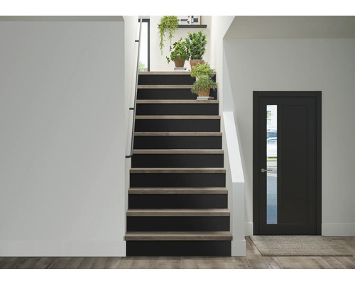 Trappenhuis met trap, planten en deur