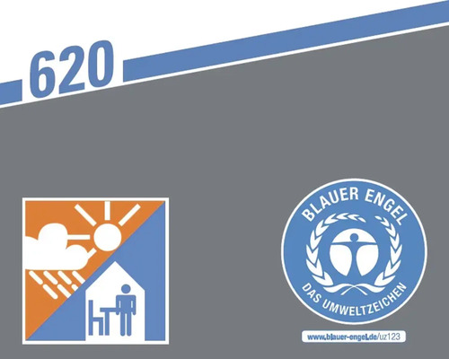 620 Symbool voor weerbestendigheid en gebruik binnenshuis, Blauwe Engel milieukeurmerk