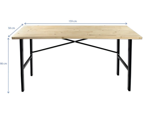 Tafel met houten blad en metalen poten, 159 cm x 58 cm, hoogte 86 cm
