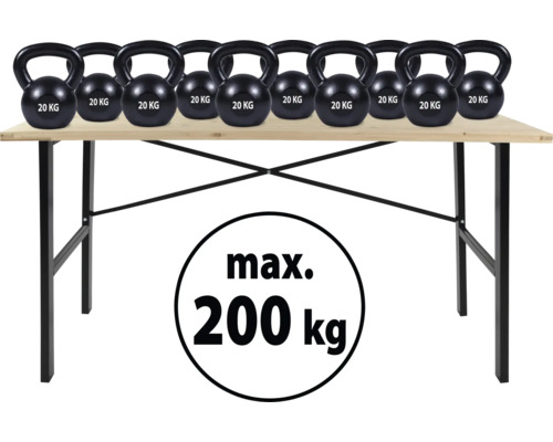 Opklapbare tafel met een maximaal draagvermogen van 200 kg en meerdere halterkogels van 20 kg