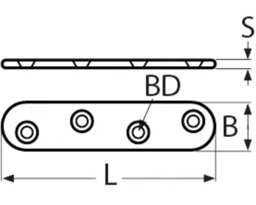 MARINETECH Verbindingsplaat ovaal 100x18 mm RVS A4, 1 stuks Illustratie van een platte verbindingsstuk tekening met afmetingen