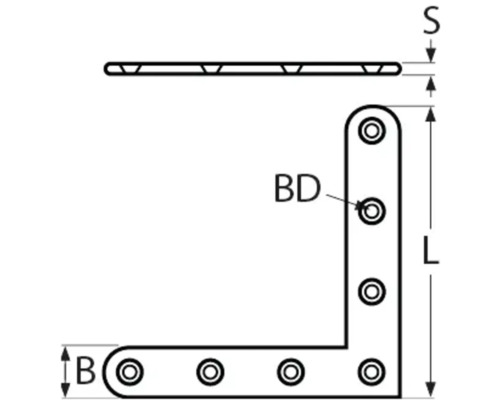 MARINETECH Raamhoek 80x18 mm RVS A4, 1 stuks Technische tekening van een hoekverbinder met maataanduidingen