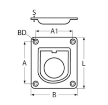 Technische tekening van een vloerhuls met ringoog en maatgegevens