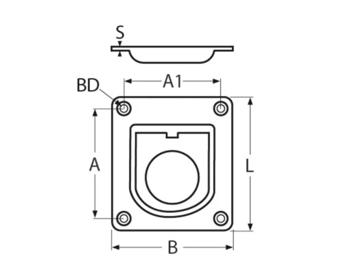 MARINETECH Luikring D rechthoek 65x56 mm RVS A4, 1 stuks Technische tekening van een vloerhuls met ringoog en maatgegevens